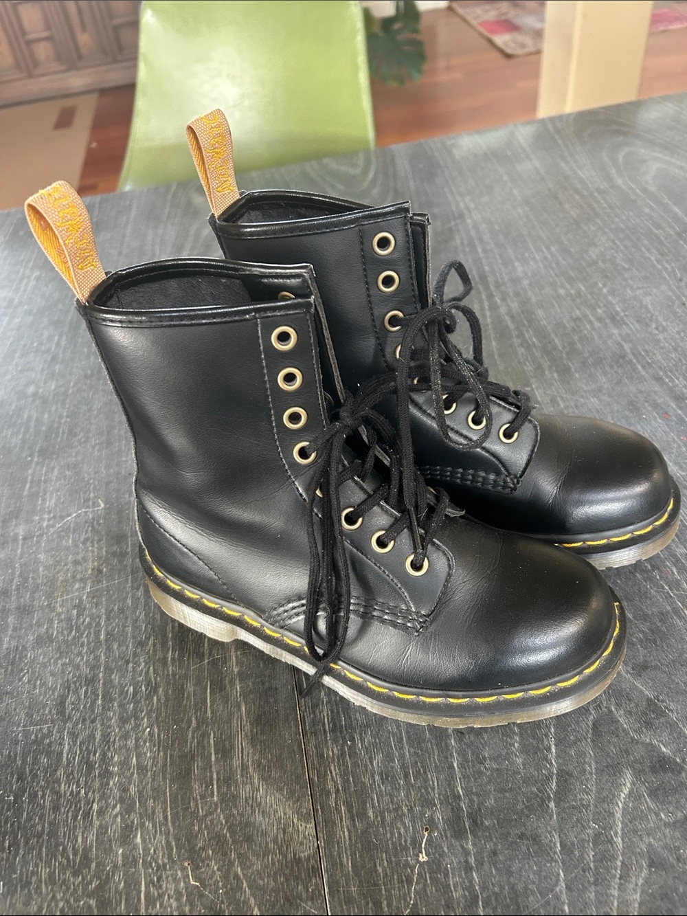 Dr. Martens Kids Black Leather Lace-Up Boots with Yellow Stitching